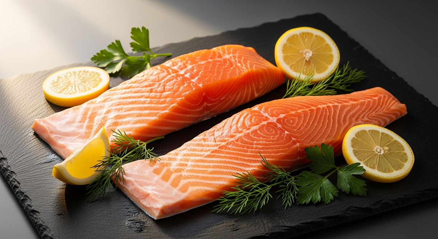 Wild Alaska King Salmon fillets displayed on ice with fresh lemon slices