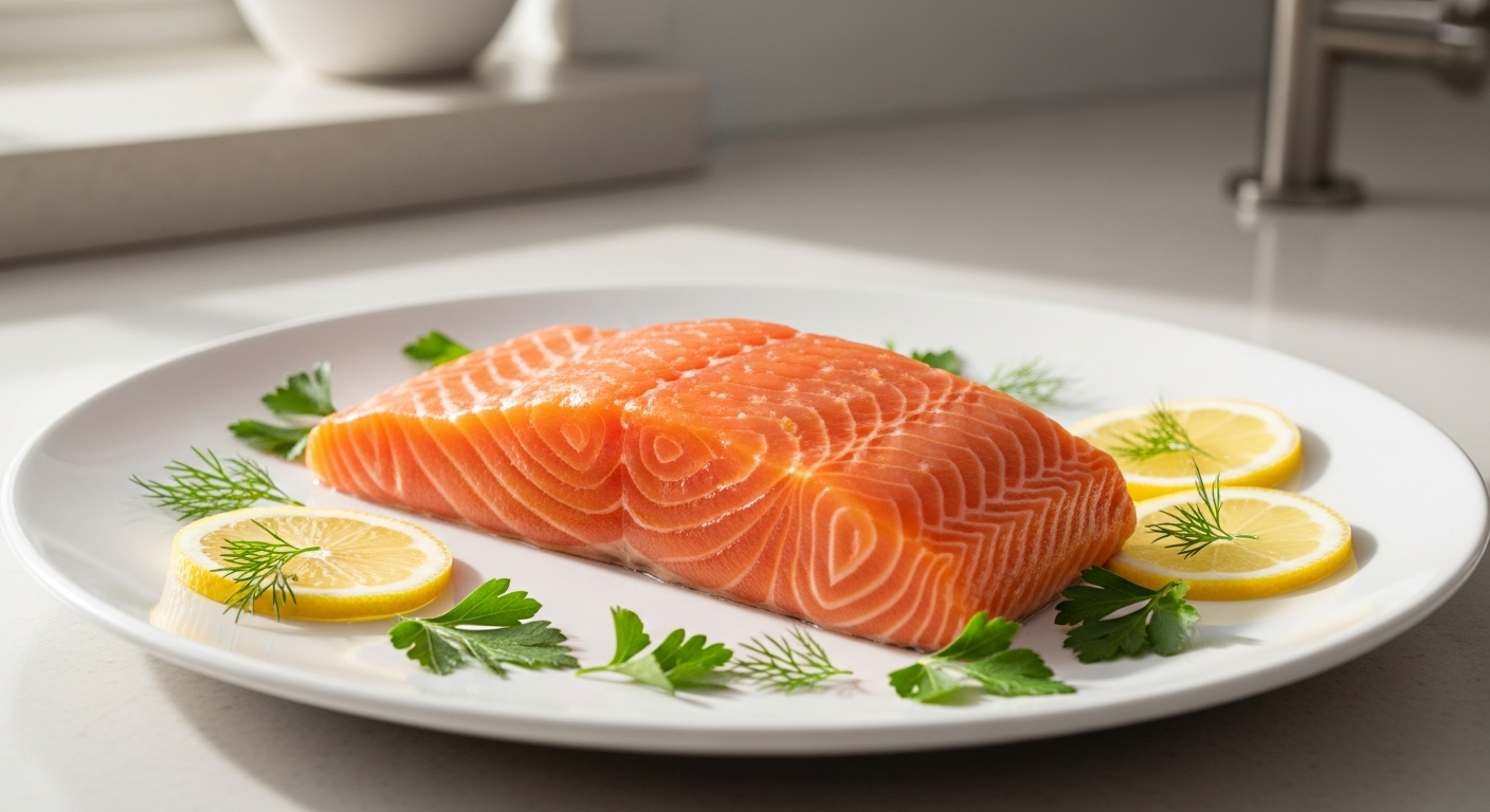 Wild Alaska King Salmon Fillets displayed on ice with fresh lemon slices