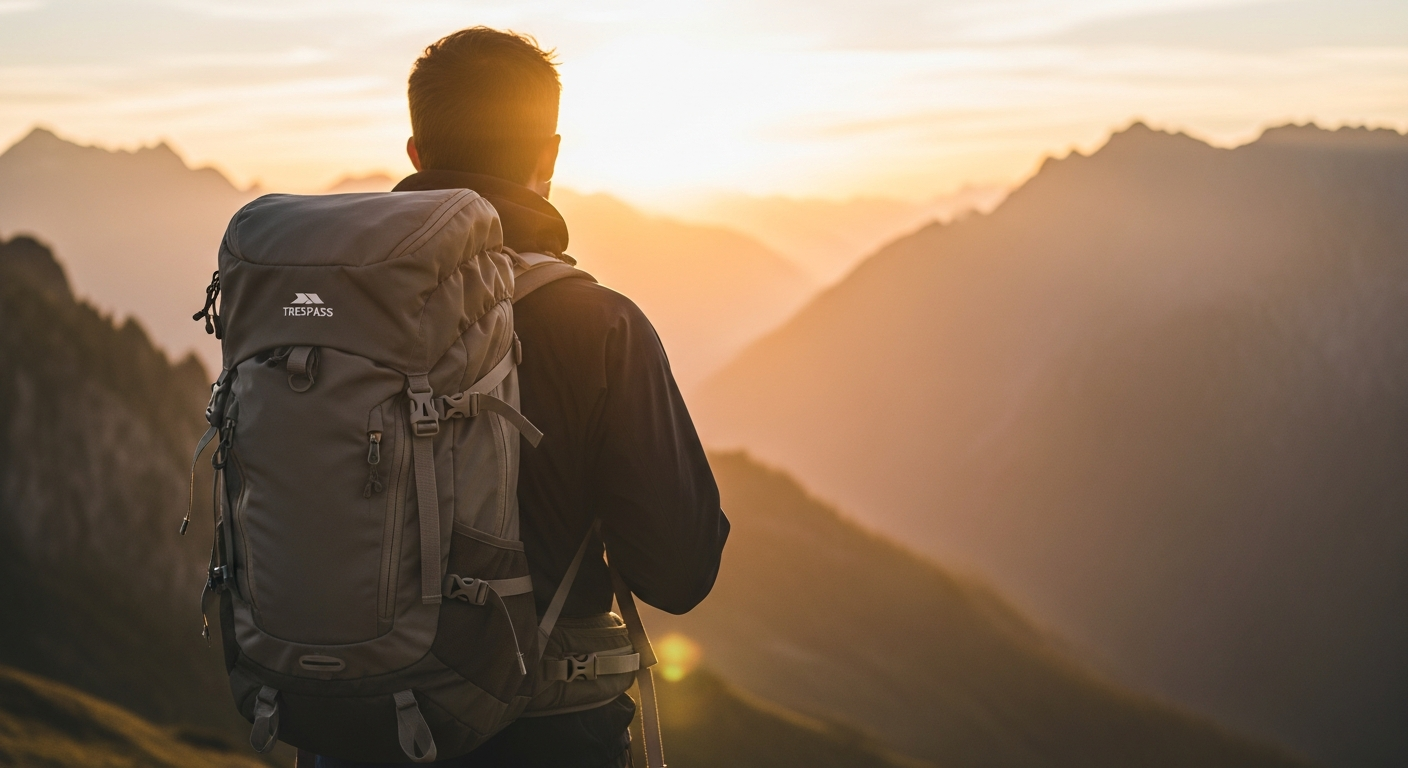 Trespass Albus 30L hiking backpack in black displayed against outdoor mountain landscape