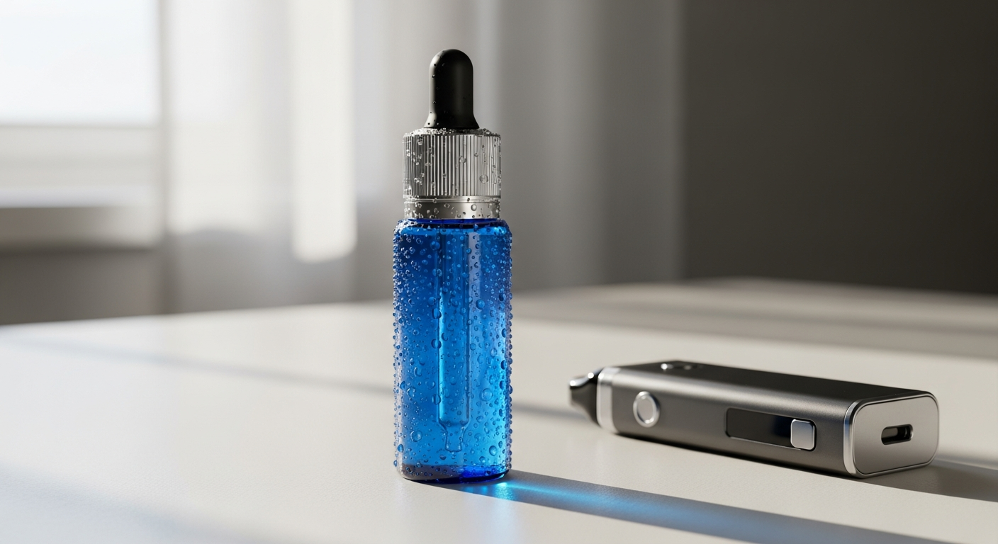 Fantasi Blue Raspberry E-Liquid bottle displayed with vapor clouds and UK vaping setup