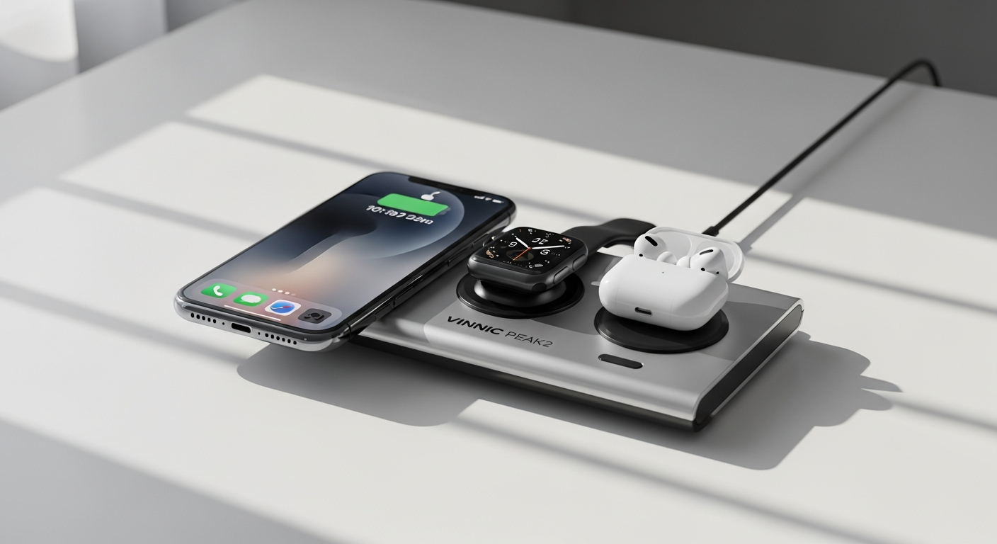 Vinnic OWL PEAK2 3-in-1 MagSafe charging dock with auto-pop-up mechanism and LED lighting