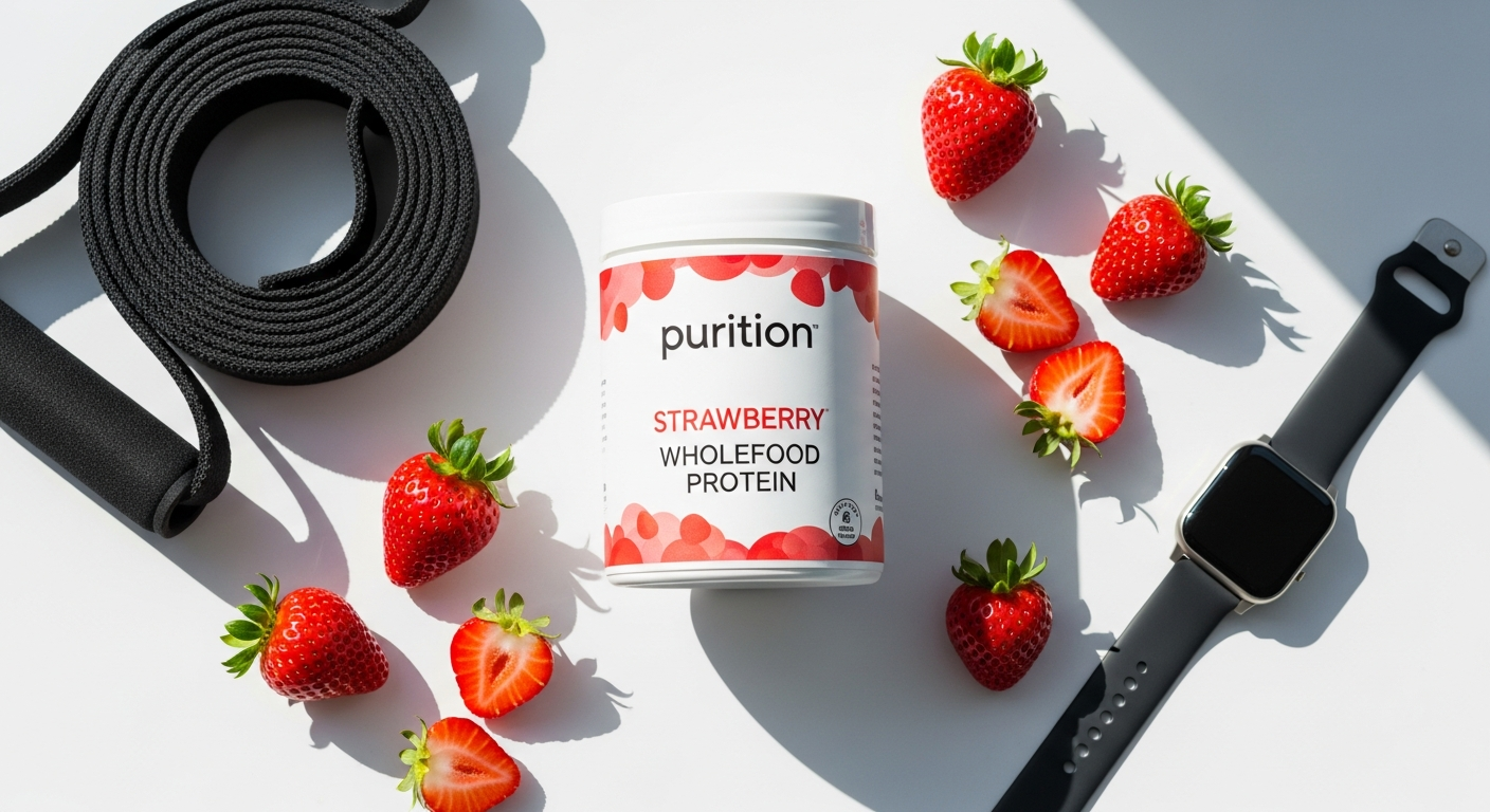 Purition Original Strawberry Wholefood Nutrition protein shake in glass with fresh strawberries