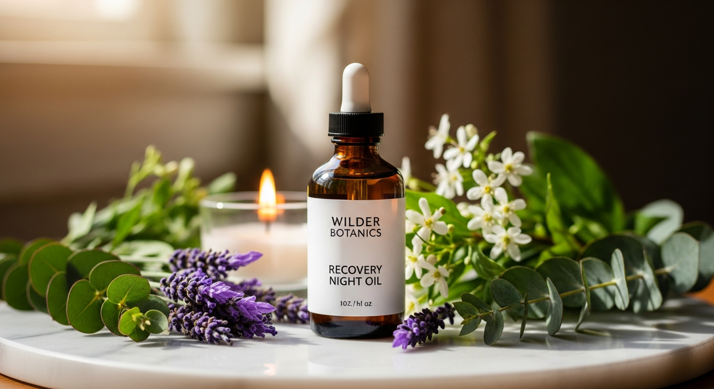 Wilder Botanics Recovery Night Oil bottle with botanical ingredients and award badge displayed