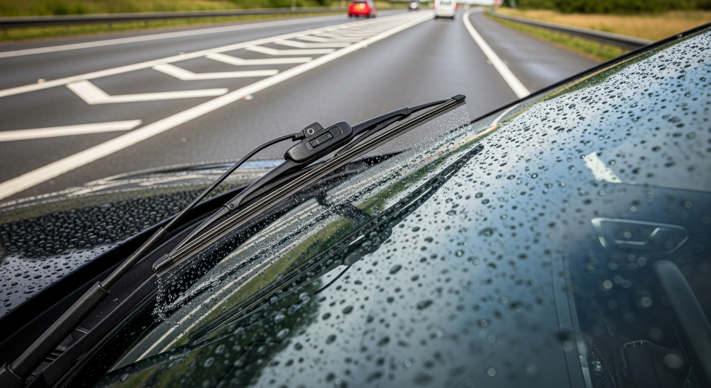 Bosch Aerotwin windscreen wiper blades mounted on a UK motorway vehicle windscreen