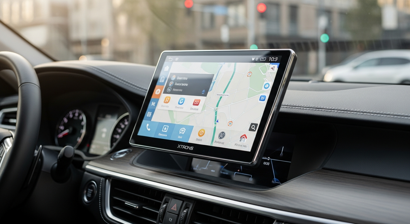 XTRONS 10.1-inch rotatable Android car stereo with adaptive display mounted in vehicle dashboard