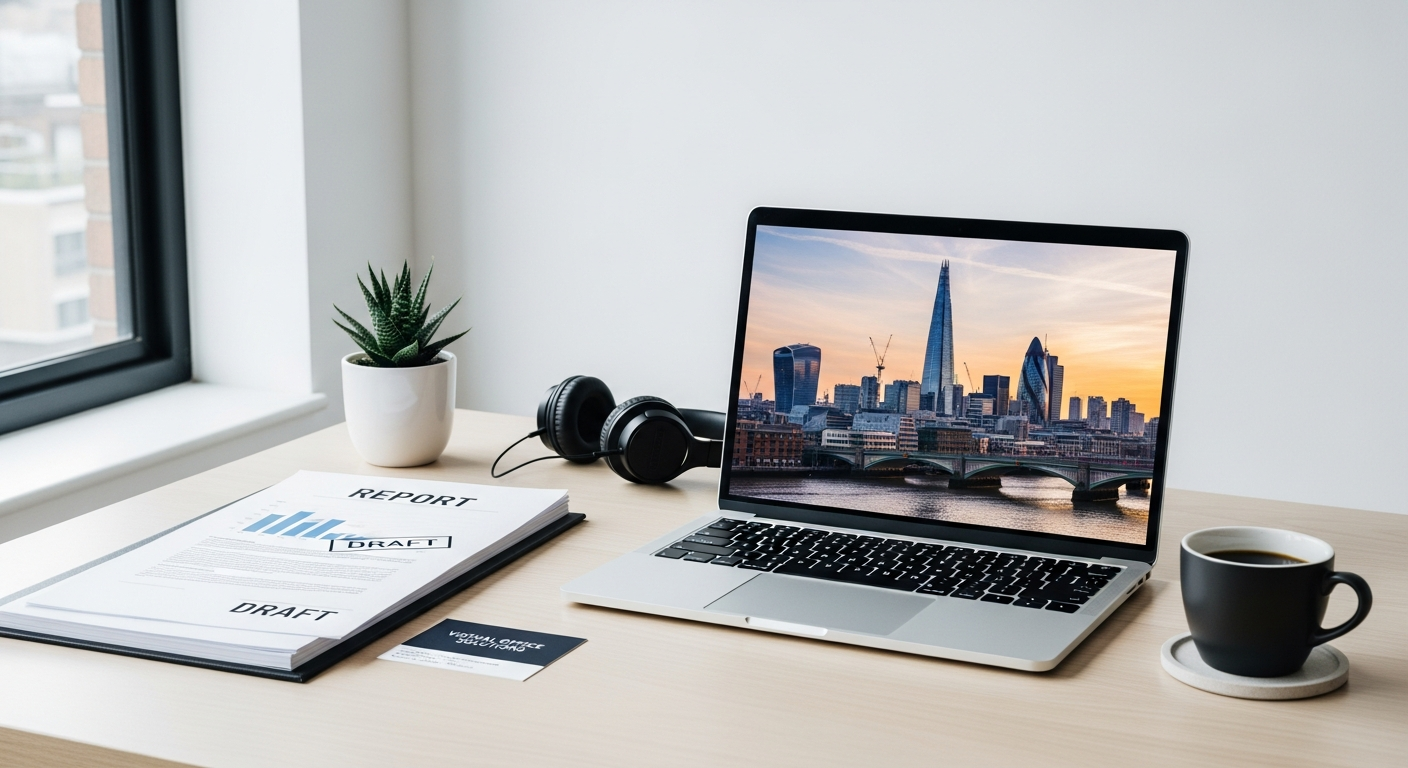 Professional London virtual office workspace with modern desk setup and city skyline view