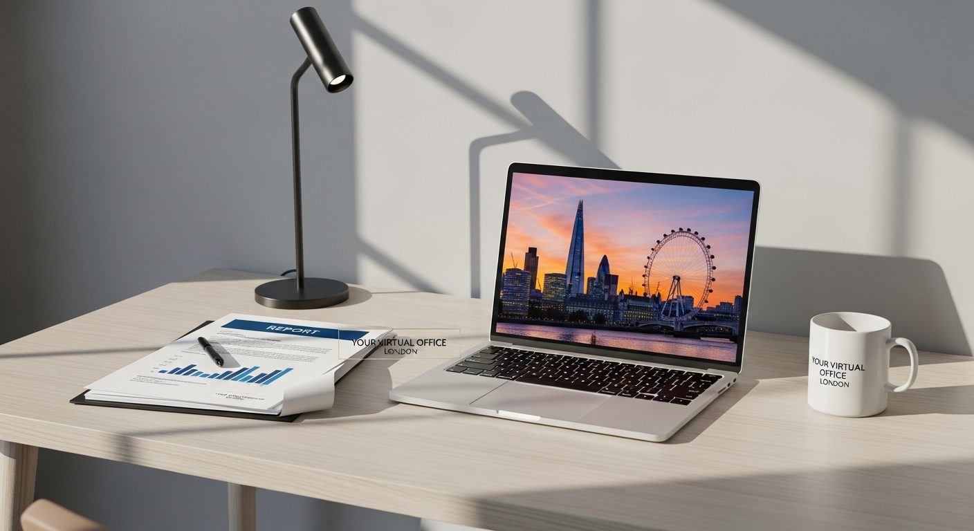Professional London virtual office reception area with City Road address signage and modern business workspace
