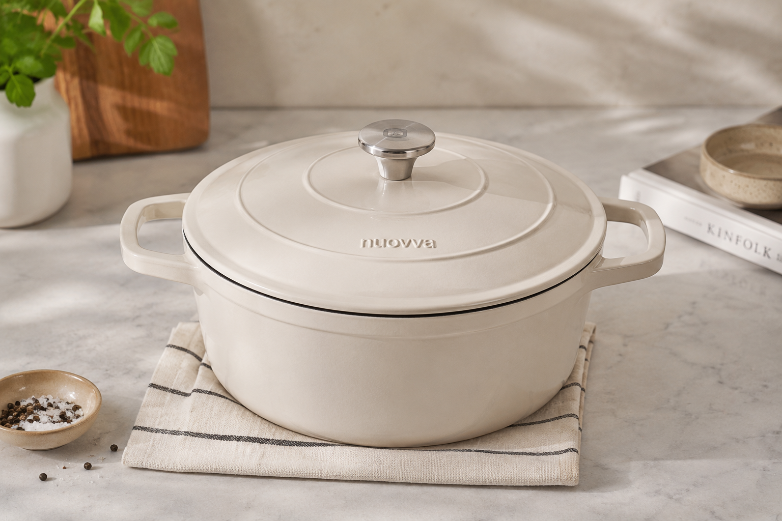 Nuovva enamelled cast iron Dutch oven with dark blue enamel coating and stainless steel knob