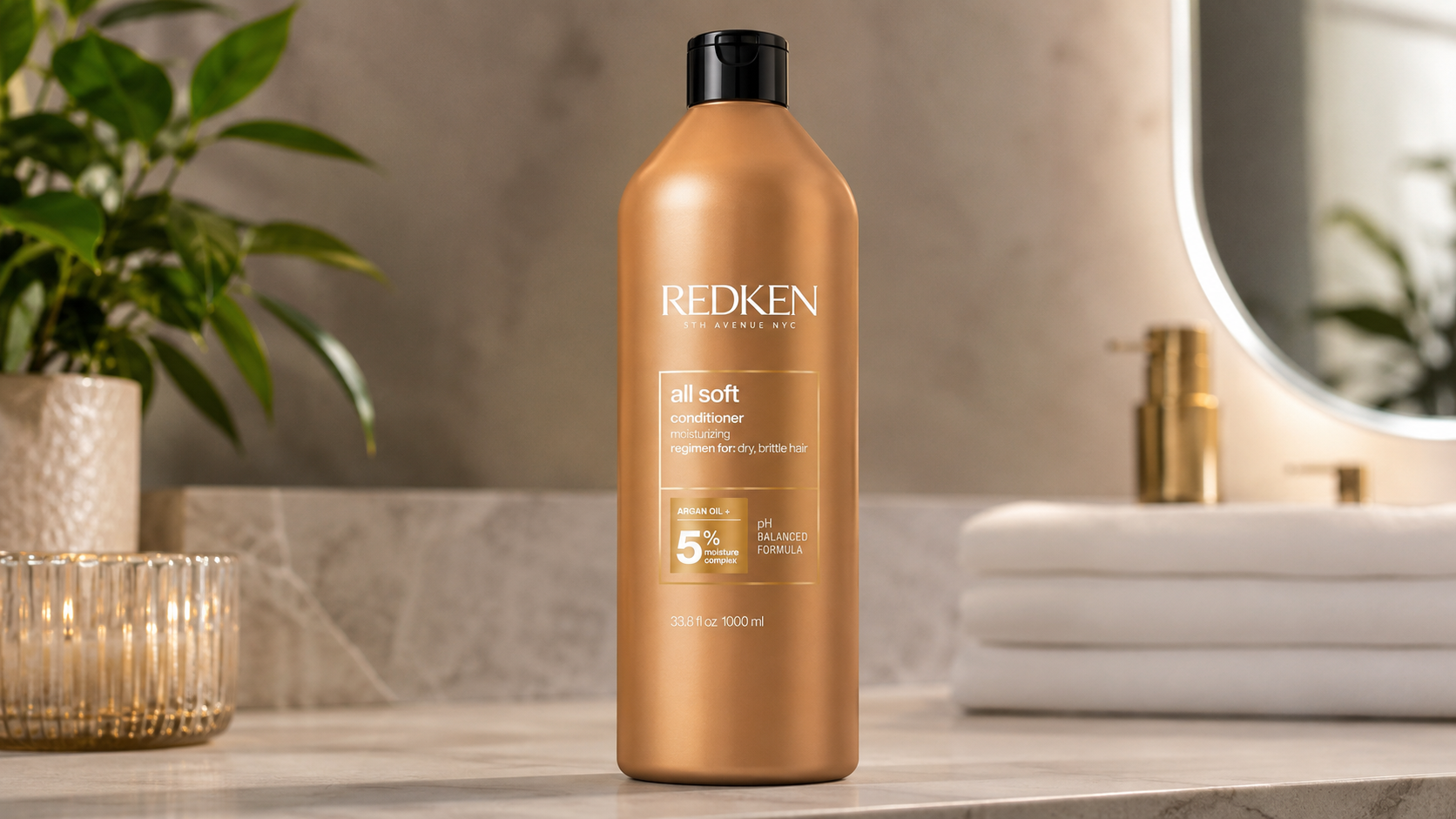 Redken All Soft Conditioner 1000ml bottle on a marble bathroom countertop, moisturizing conditioner with argan oil for dry, brittle hair in a luxury bathroom setting.
