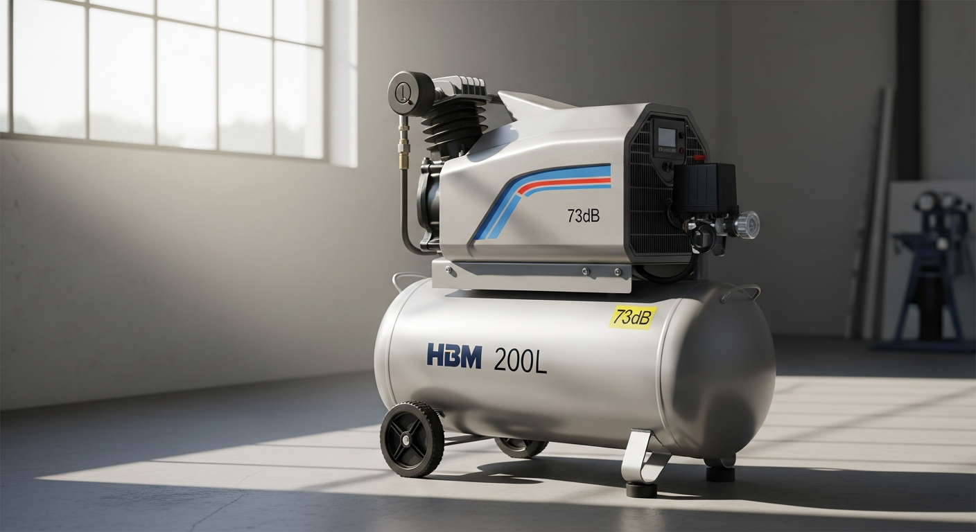 HBM 200L Low Noise Compressor in professional workshop setting with tools