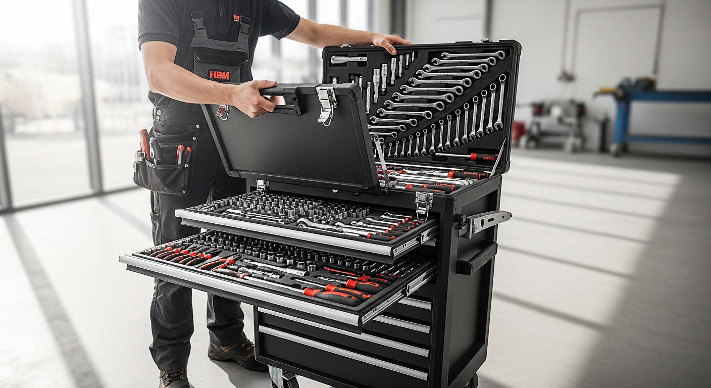 HBM 228-piece professional tool case set with organized compartments and tools displayed