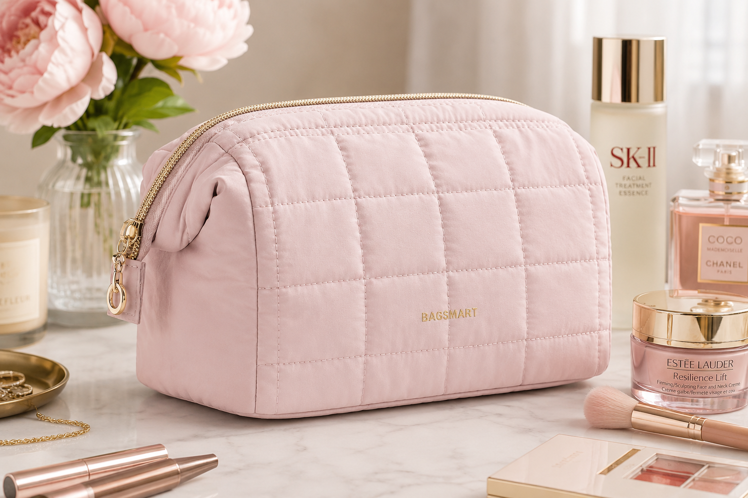 BAGSMART makeup bag with organized beauty products and travel-friendly storage compartments on vanity table