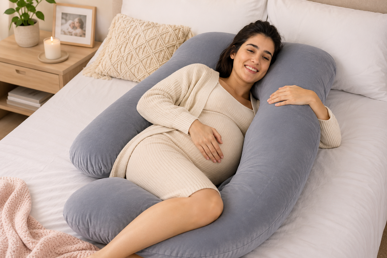 Momcozy Pregnancy U-Shaped Pillow providing full-body support for pregnant women