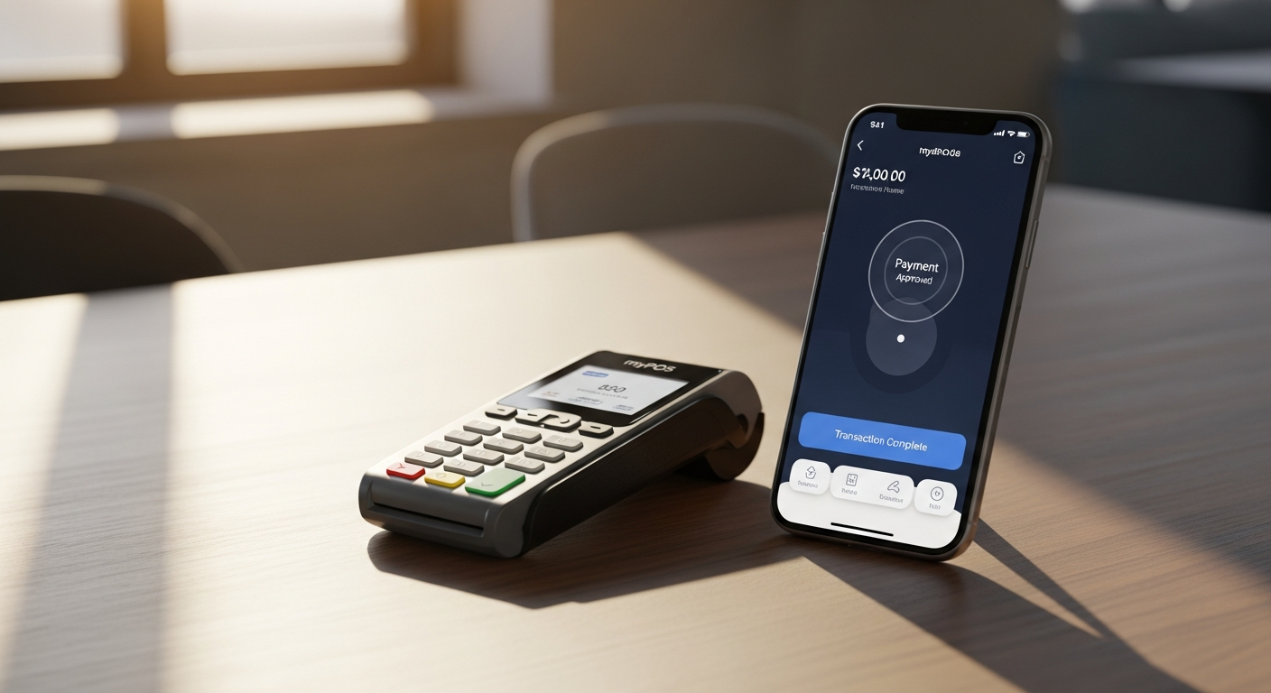 myPOS Go 2 portable card reader device displaying payment processing screen