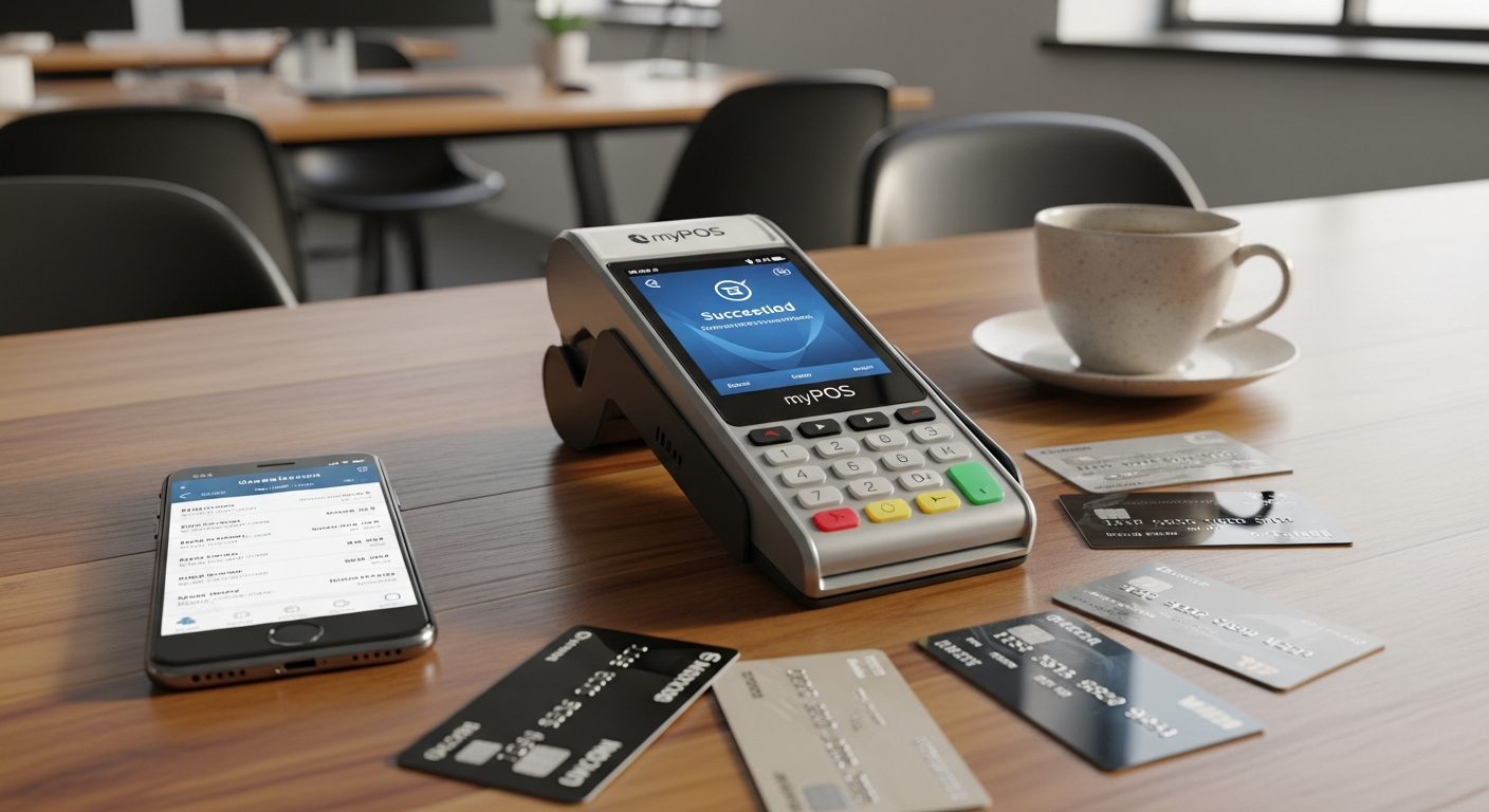 myPOS Go 2 portable card reader device displaying payment processing screen