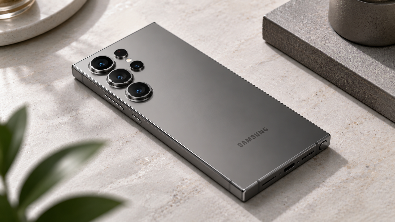Samsung Galaxy S26 Ultra with high-resolution camera array and premium metal design photographed on a minimalist stone background for a smartphone review article.