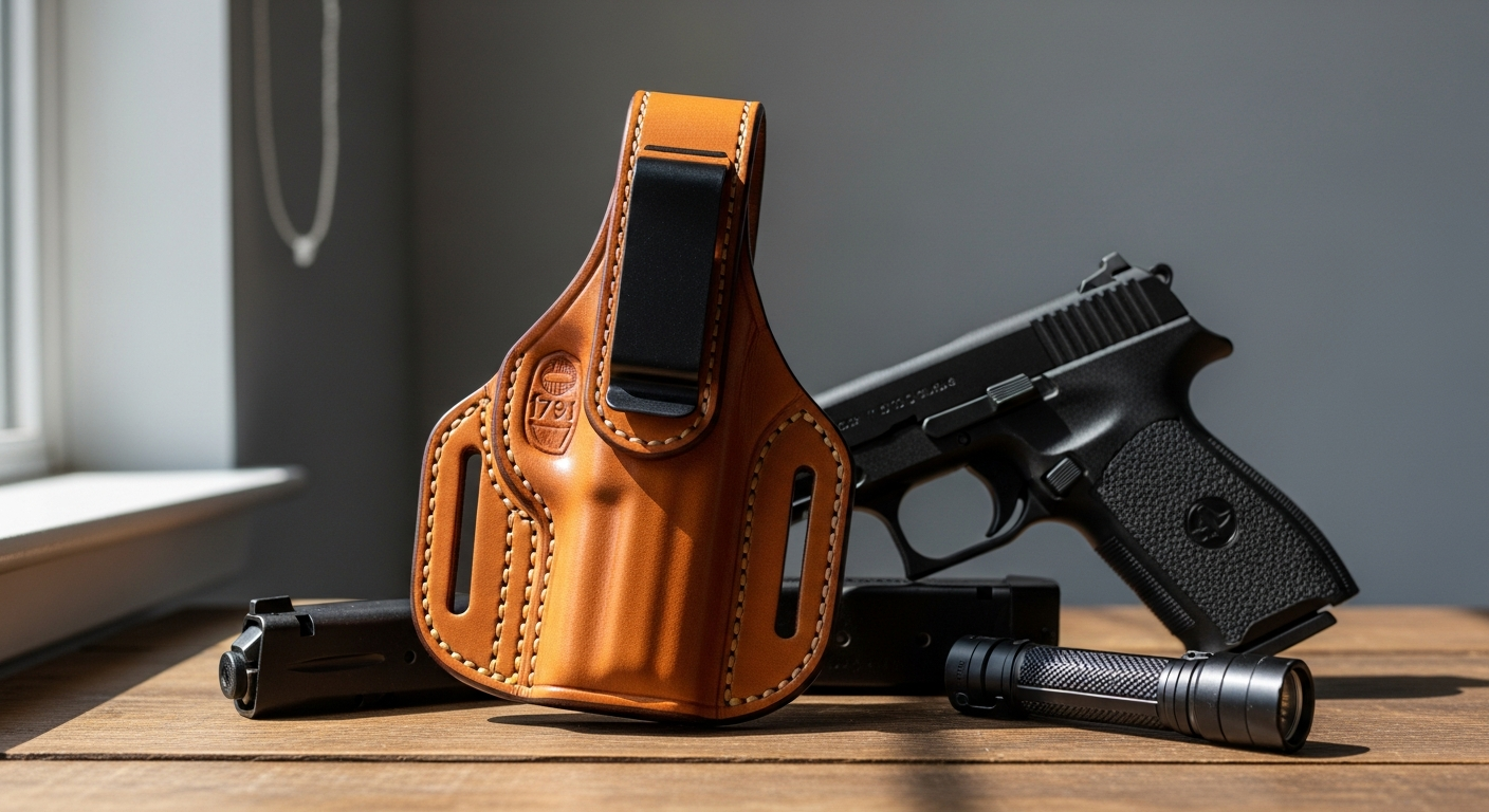 1791 Smooth Concealment IWB leather holster displayed with American cowhide material and steel clip