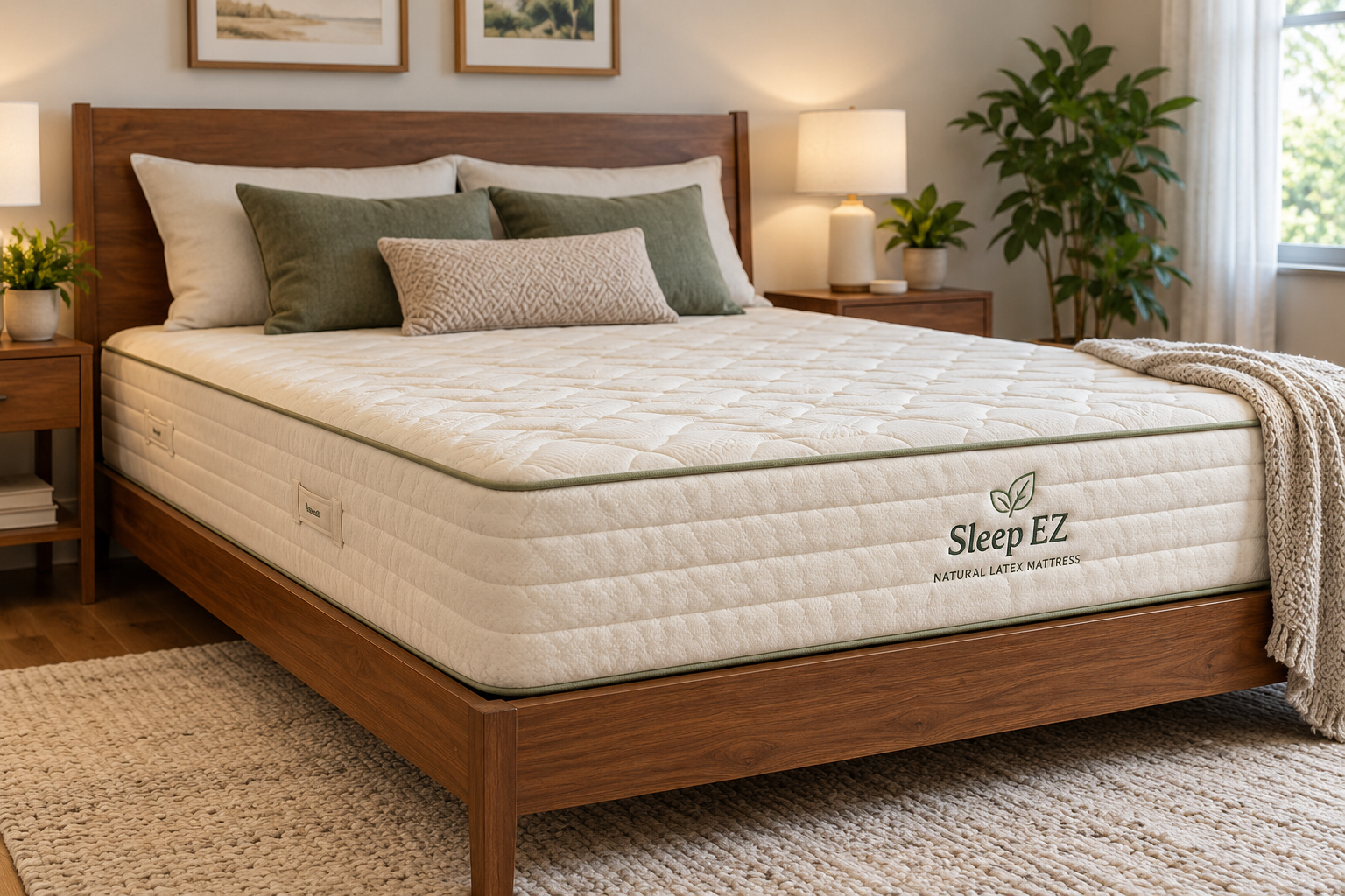 Sleep EZ 10-Inch Latex Mattress with layered latex construction and a supportive sleep surface in a modern bedroom setting.