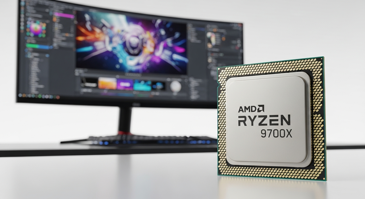 AMD Ryzen 7 9700X processor with eight cores displayed on circuit board background