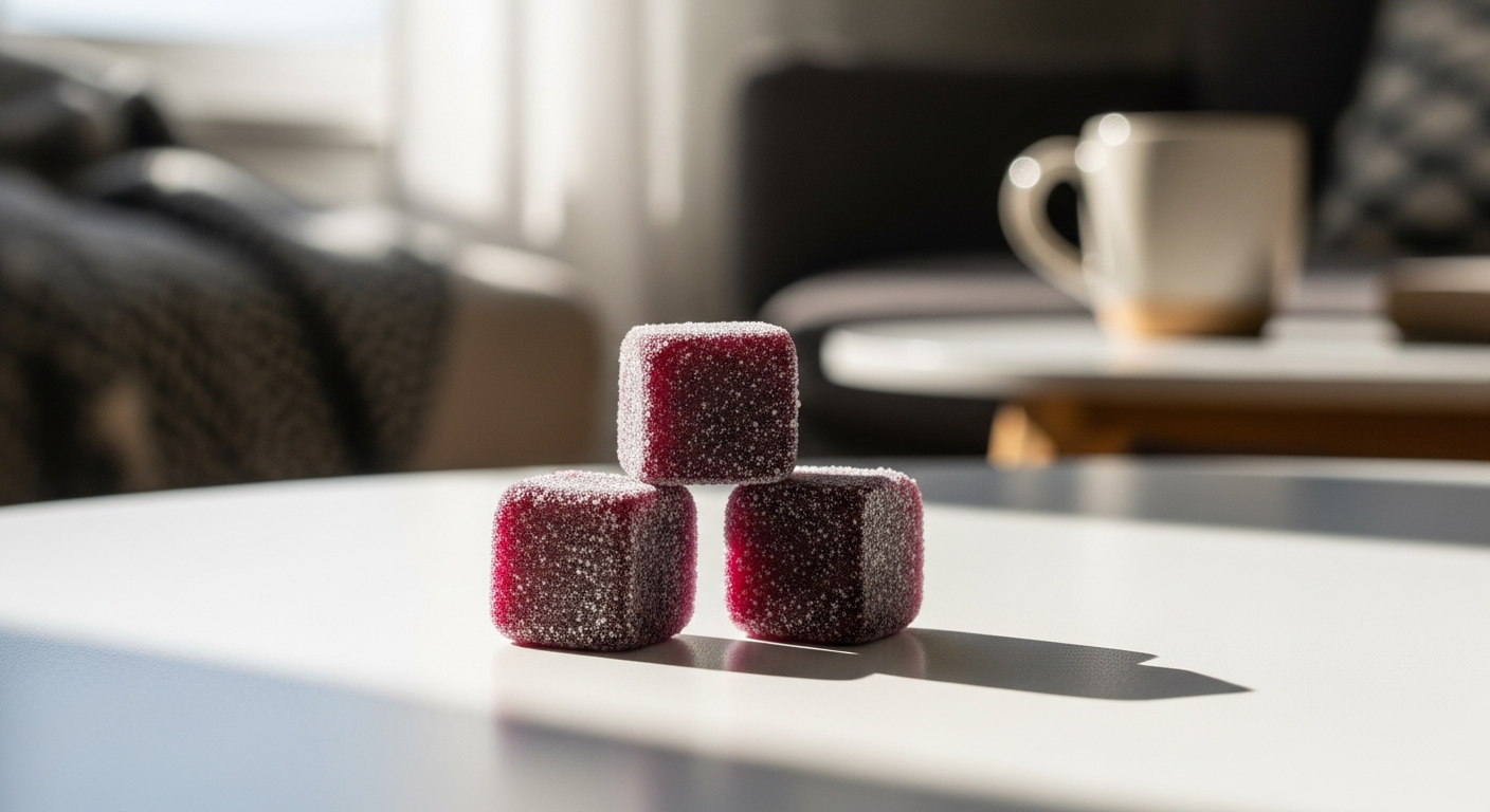 3Chi Delta 8 Black Raspberry Gummies package displayed with fresh raspberries