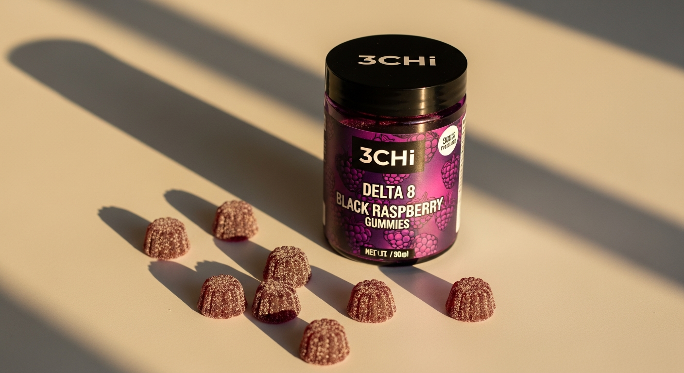 3Chi Delta 8 Black Raspberry Gummies in a colorful package with fresh raspberries displayed