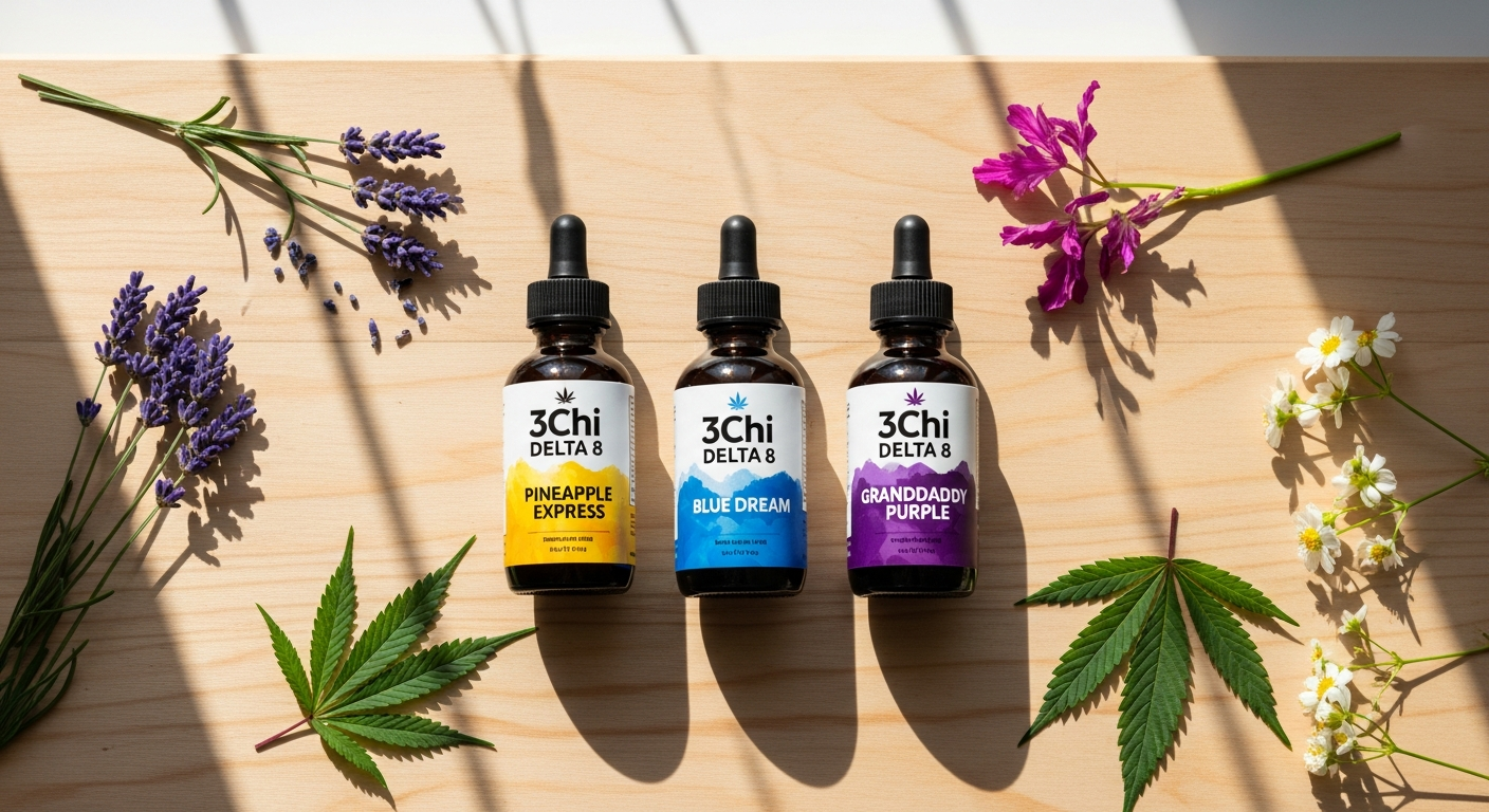 3Chi Delta 8 THC vape cartridge strains displayed with terpene profiles and effects guide