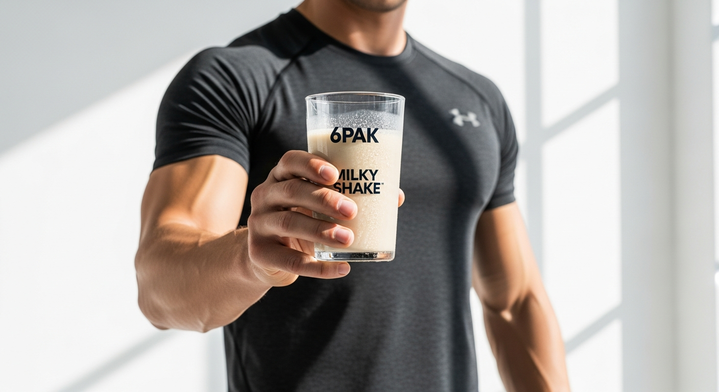 6PAK Nutrition Milky Shake Whey Protein powder in shaker bottle with creamy shake