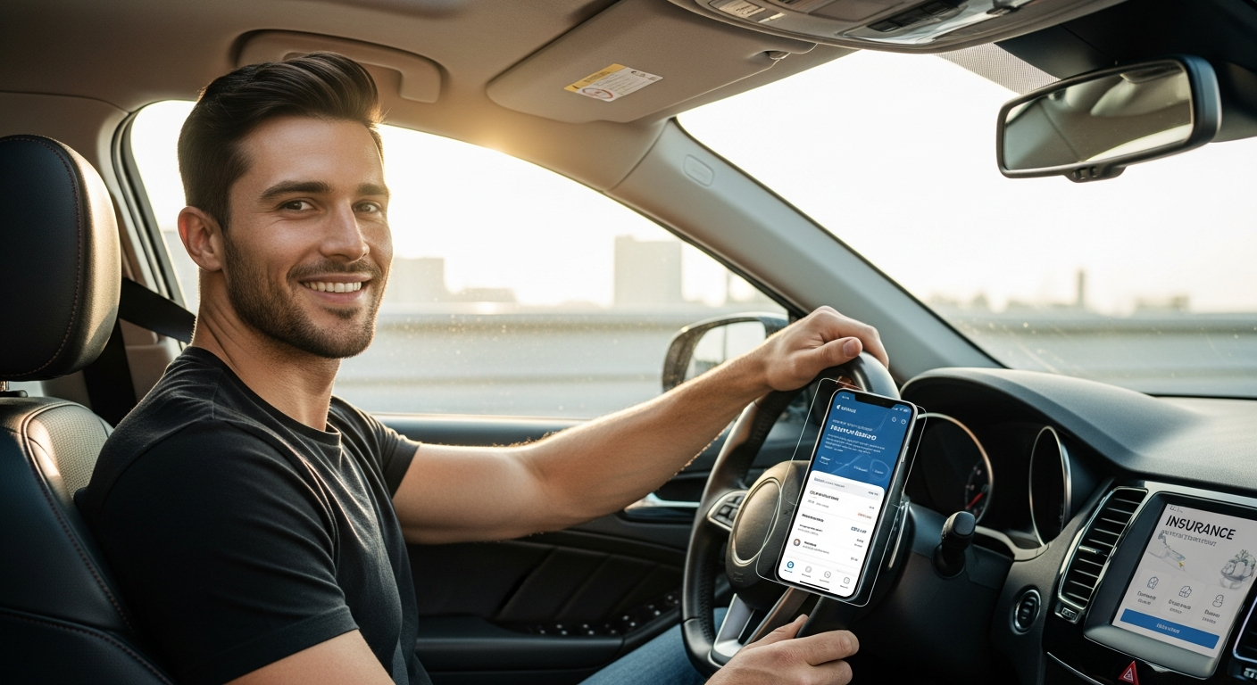 Young driver using Leocare digital car insurance app on smartphone for quote