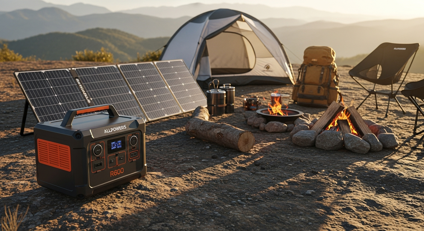 ALLPOWERS R600 portable power station with solar panels and multiple charging cables connected