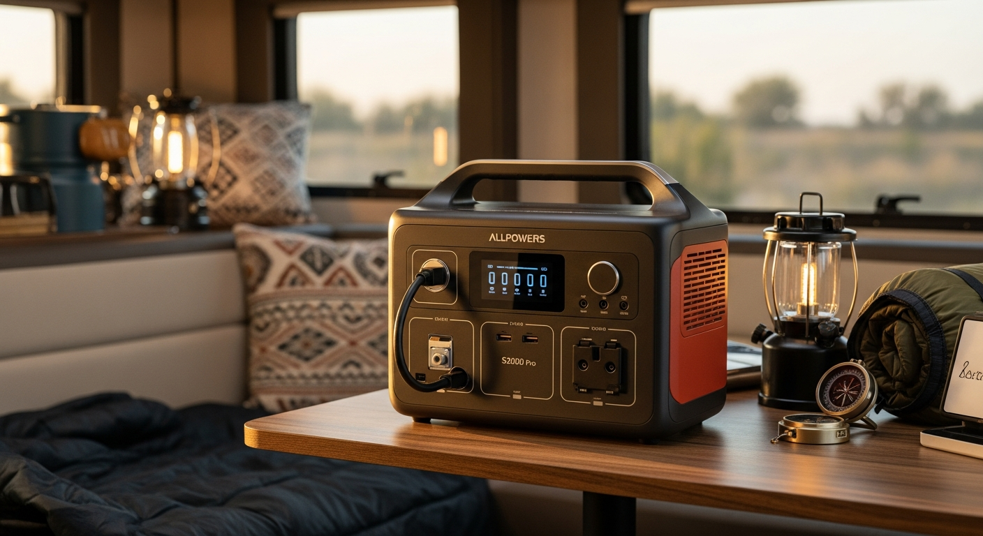 ALLPOWERS S2000 Pro portable power station with solar panels and RV camping setup