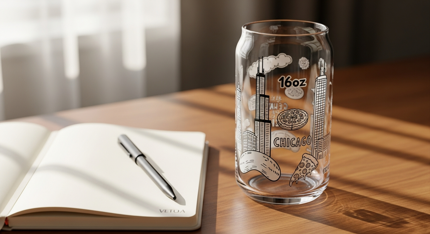 Hand-drawn Chicago Icons Can Glass with city landmarks and symbols design