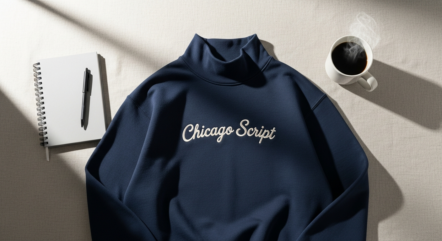 Chicago Script Mock Neck Sweatshirt in Heather Grey with yellow appliqué lettering