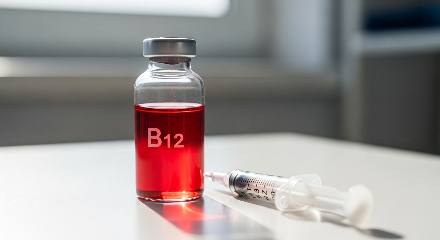 Panpharma Vitamin B12 Depot injection ampoule with syringe and medical supplies