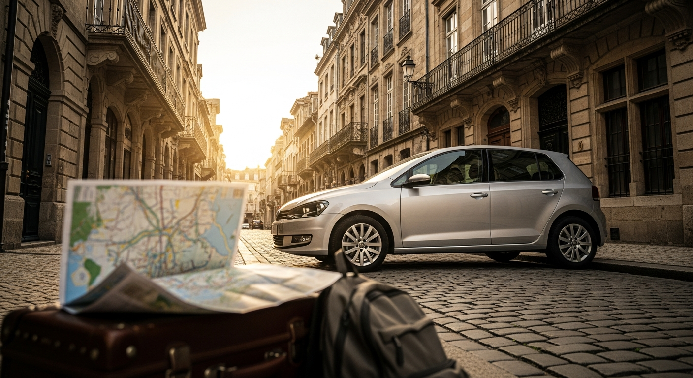 Compact economy car parked on narrow European cobblestone street