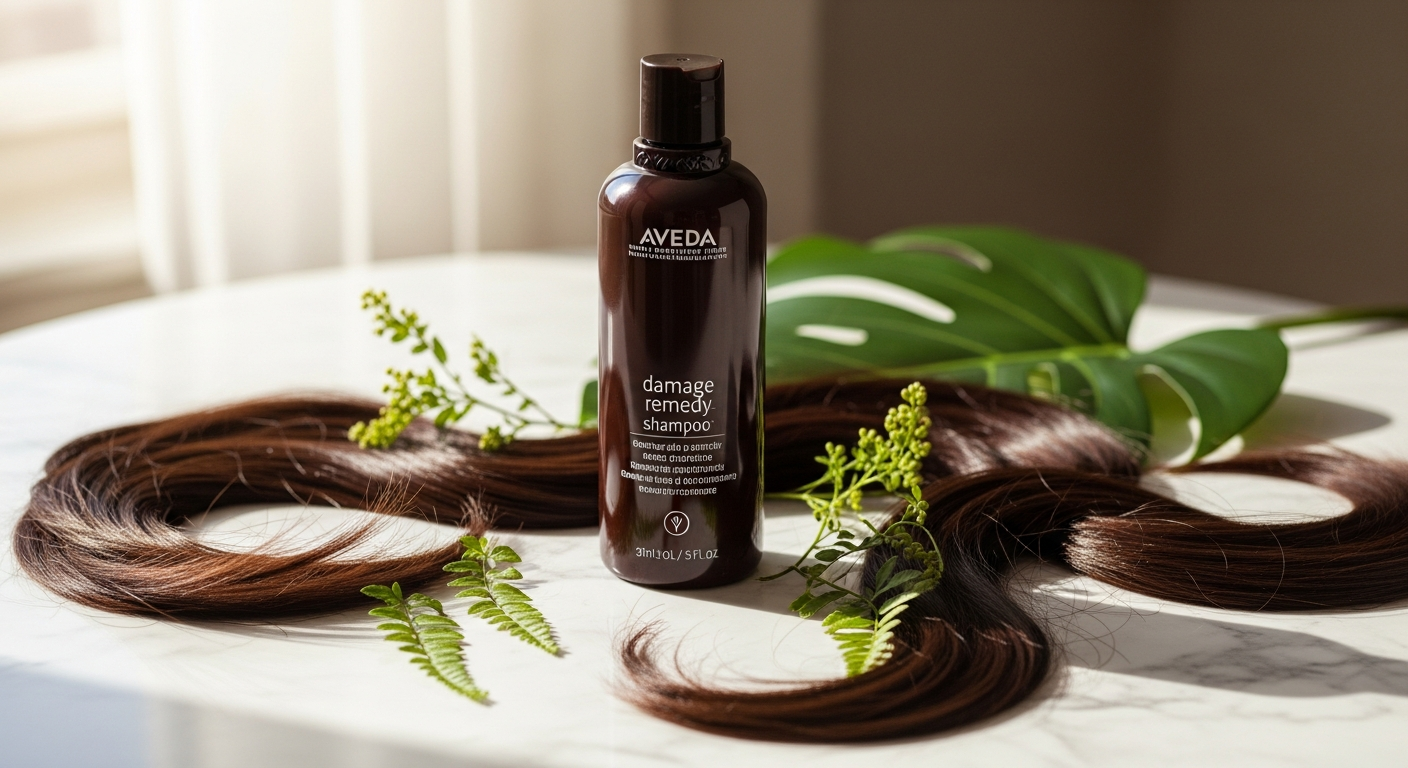 Aveda Damage Remedy Daily Hair Repair Treatment bottle with natural ingredients displayed