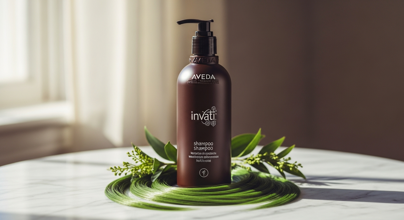 Aveda Invati Advanced Exfoliating Shampoo bottle displayed with botanical ingredients and healthy scalp