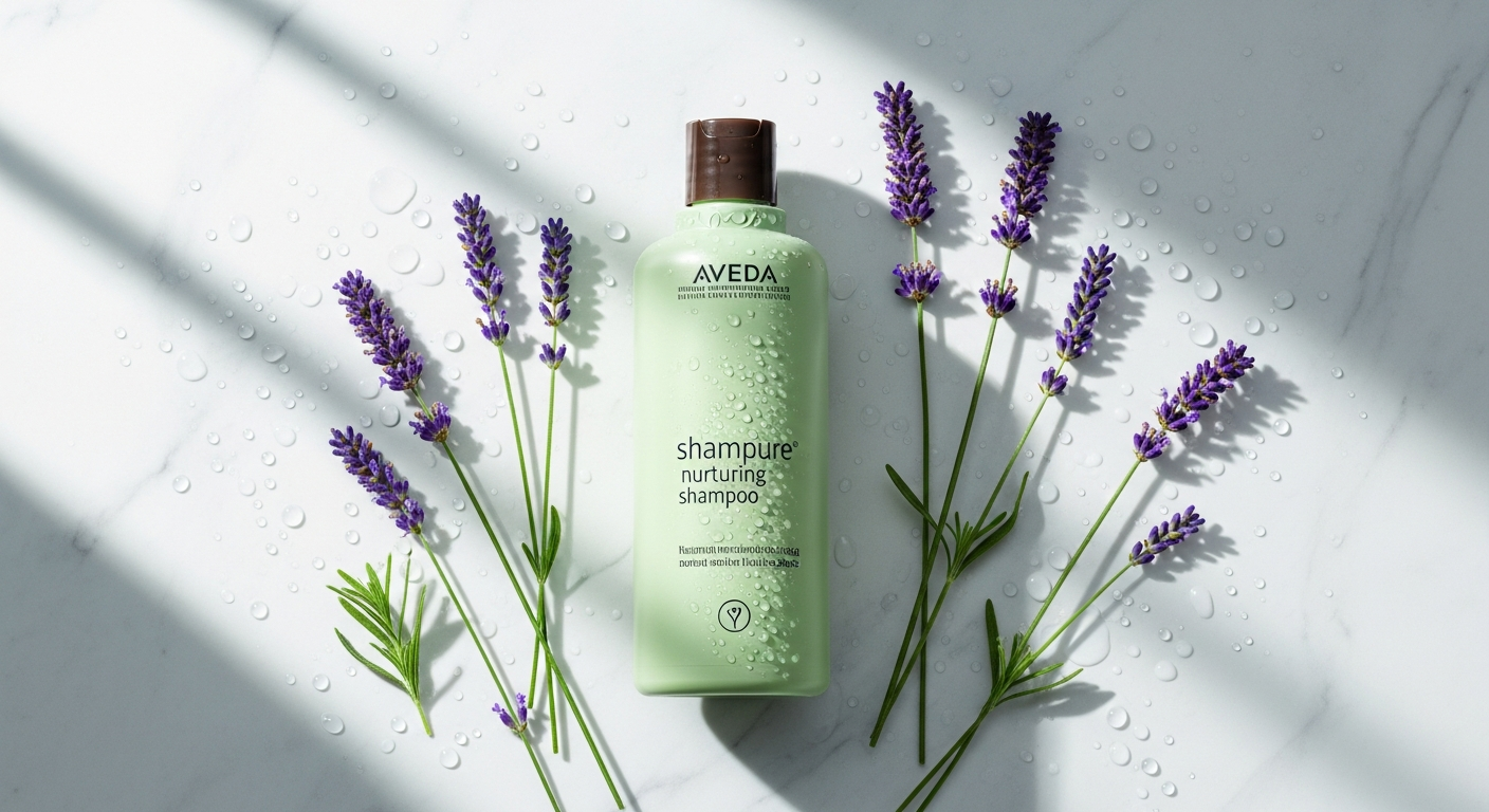 Aveda Shampure Nurturing Shampoo bottle with lavender and botanical ingredients displayed