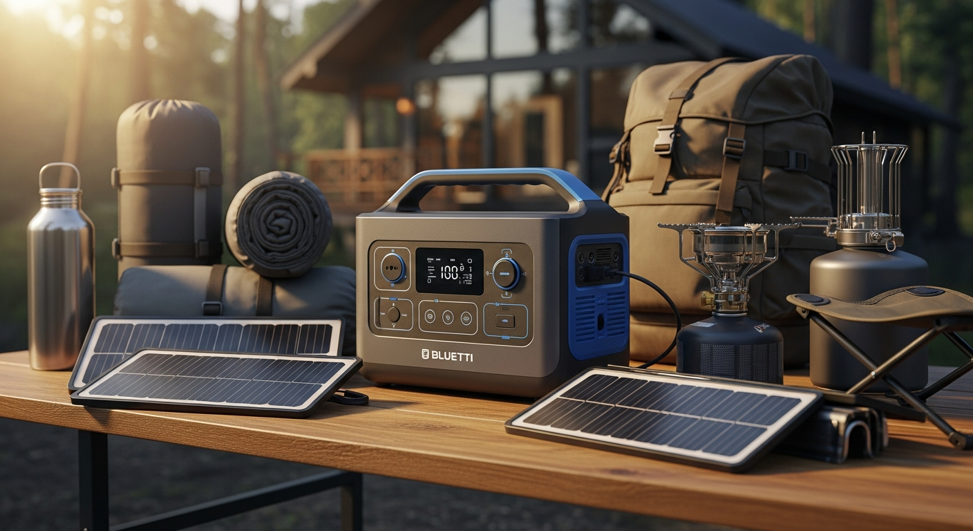 BLUETTI Elite 200 V2 portable power station with solar panels in outdoor camping setting