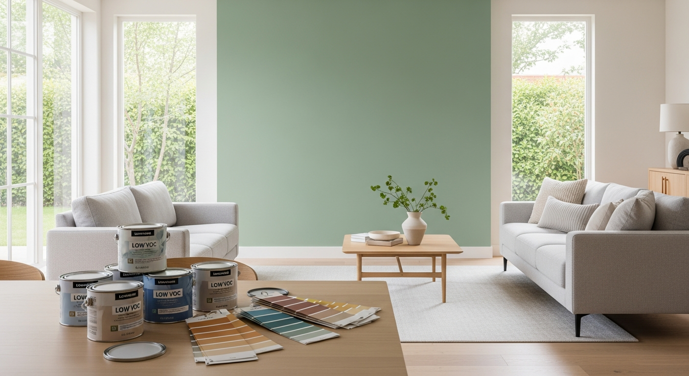 Backdrop Interior Paint color swatches and paint cans displayed on white surface