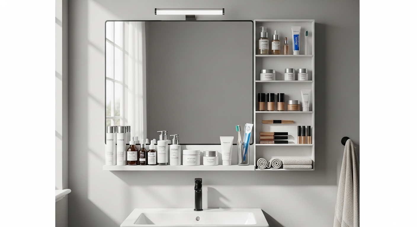 Modern bathroom mirror with integrated storage shelving and LED lighting fixtures