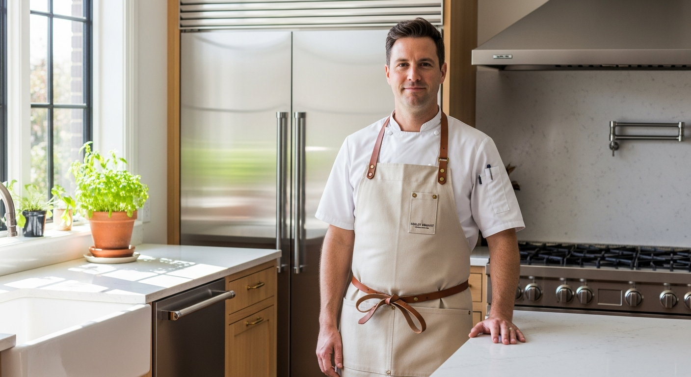 Professional chef wearing Hedley & Bennett Essential Apron in kitchen