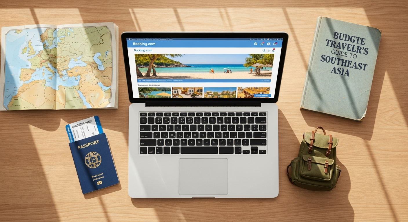 Budget traveler comparing accommodation prices on global booking platforms online