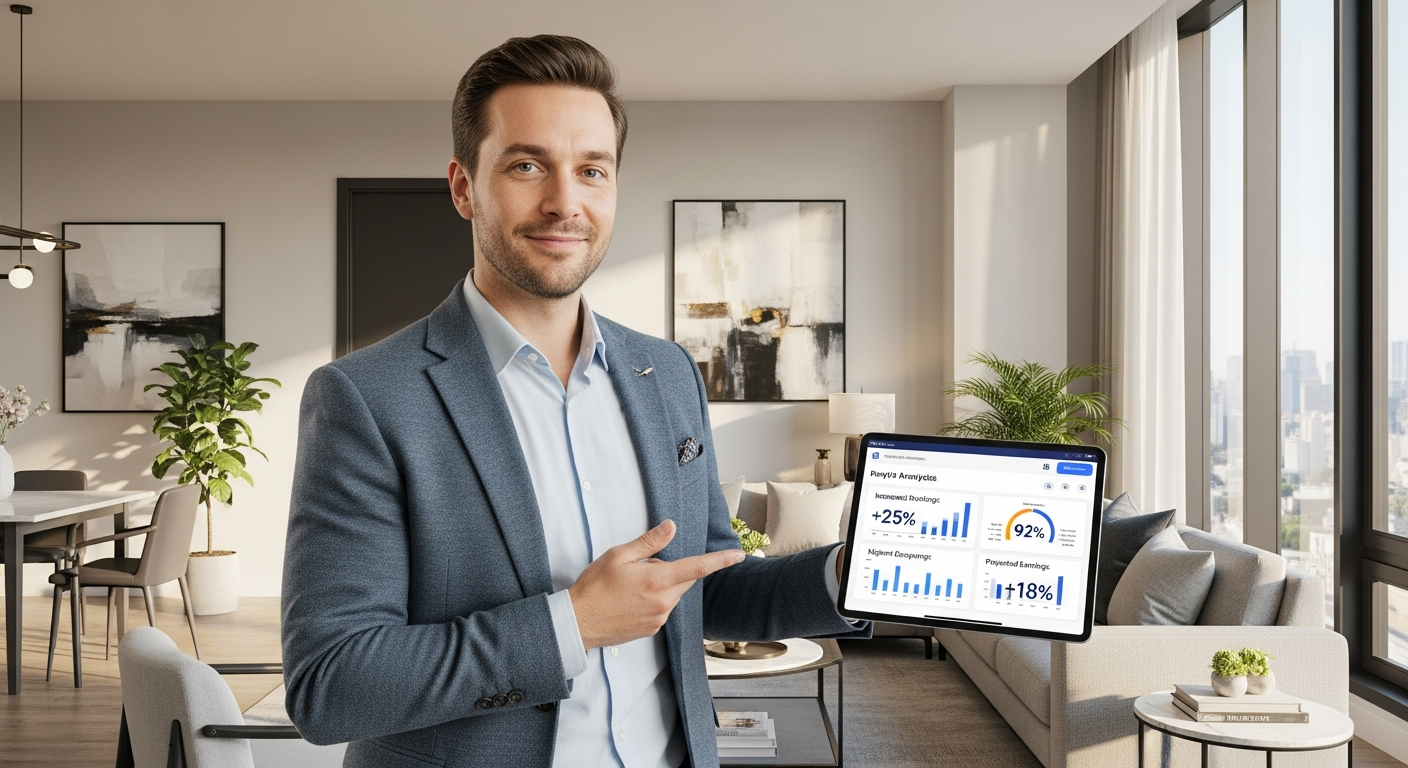 Property owner analyzing booking platform metrics on laptop dashboard