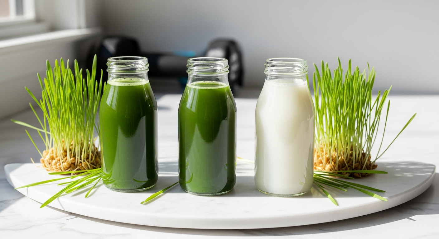 Organic wheatgrass juice shot in glass with fresh wheatgrass plant background