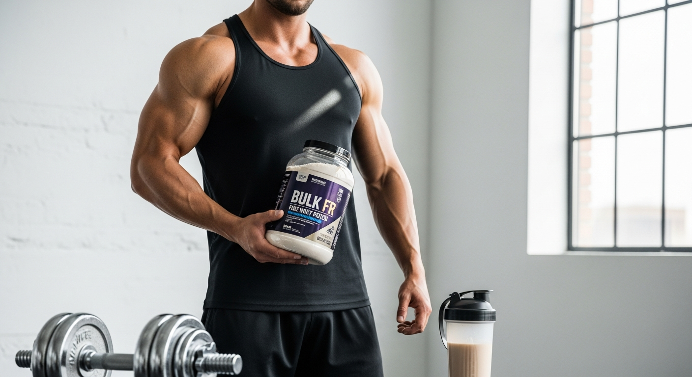 Bulk Pure Whey Protein Powder container with measuring scoop and shaker bottle