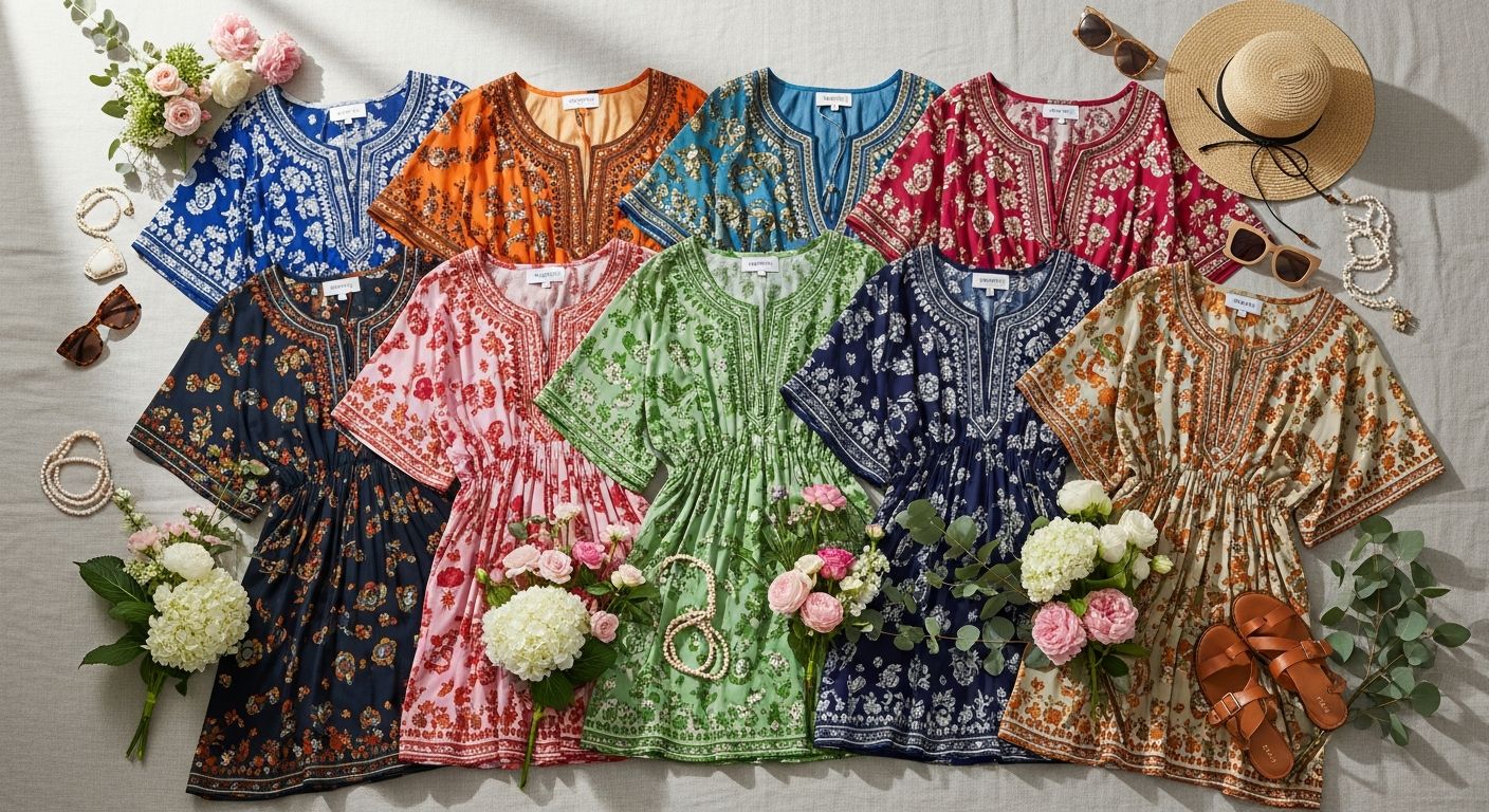 Colorful hand-drawn print Camilla Round Neck Kaftan Dress draped elegantly on model