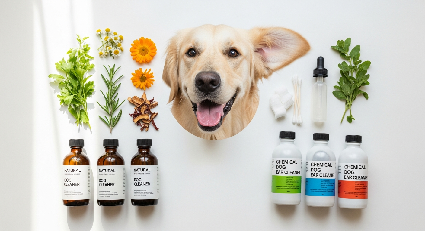 PetGlow Turmeric Dog Ear Cleaner bottle with natural herbs and turmeric root ingredients displayed