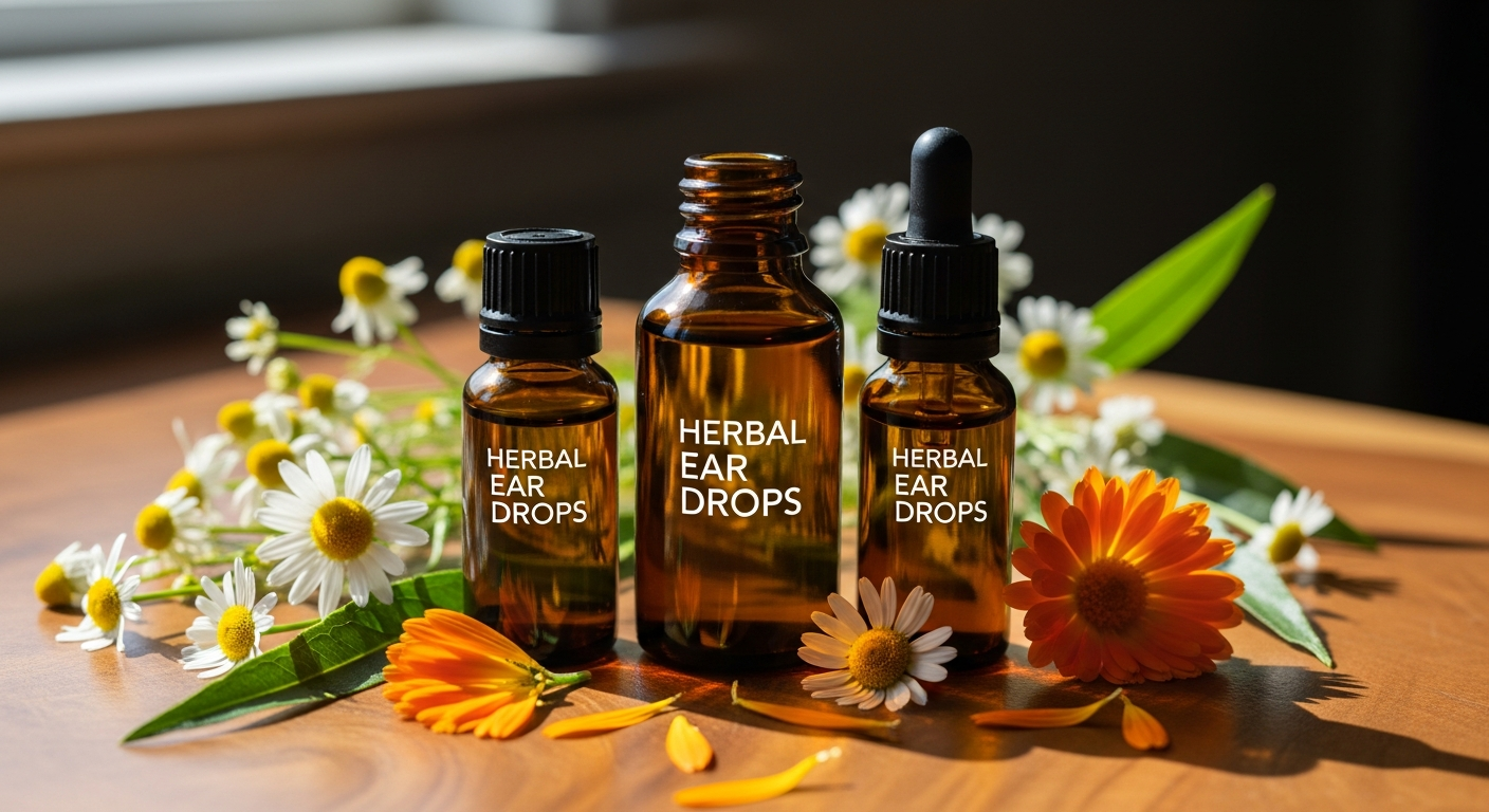 Natural herbal ear drops bottle with organic ingredients for pet ear infection treatment