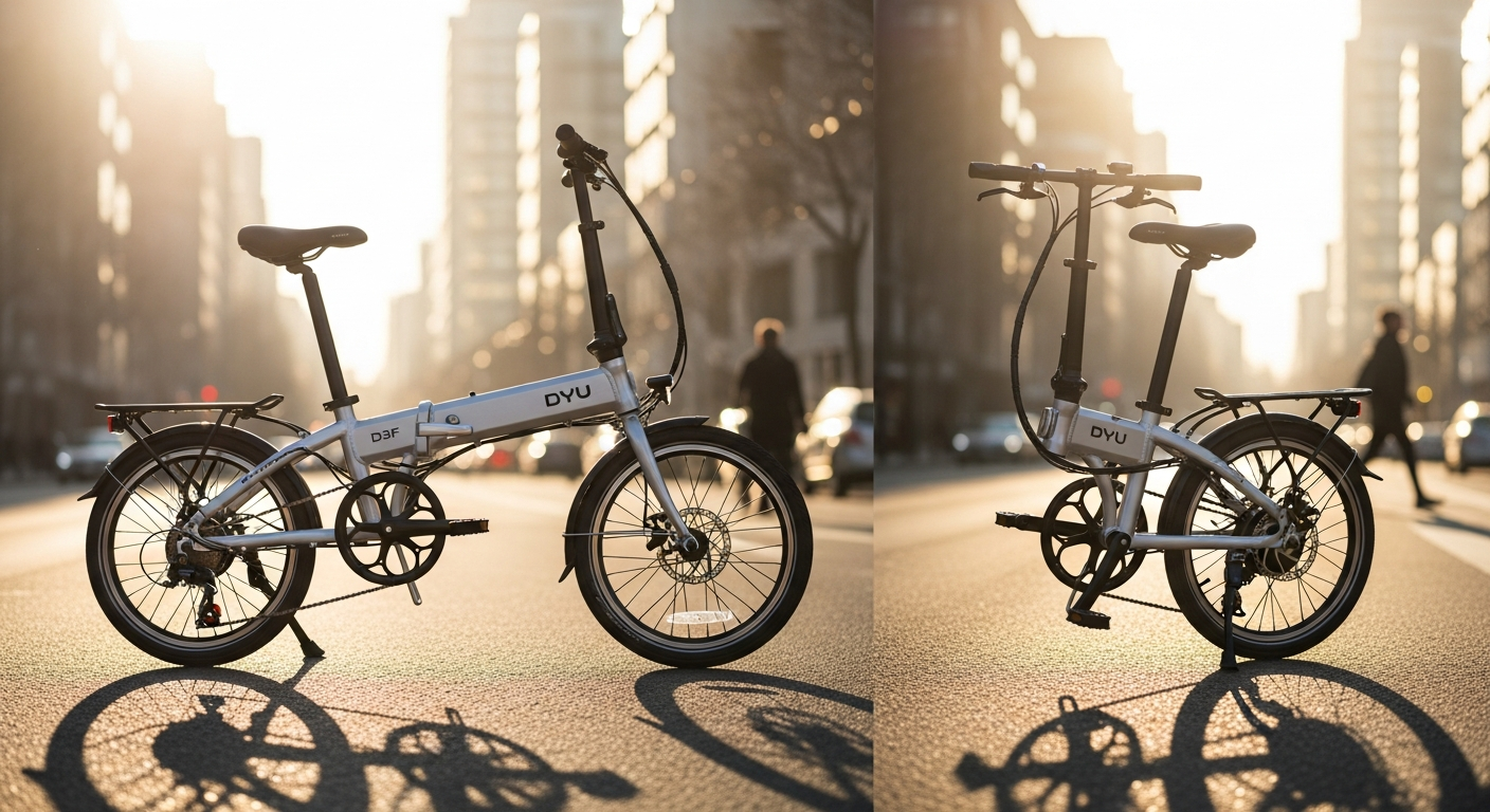 DYU D3F mini folding electric bike displayed in compact folded position
