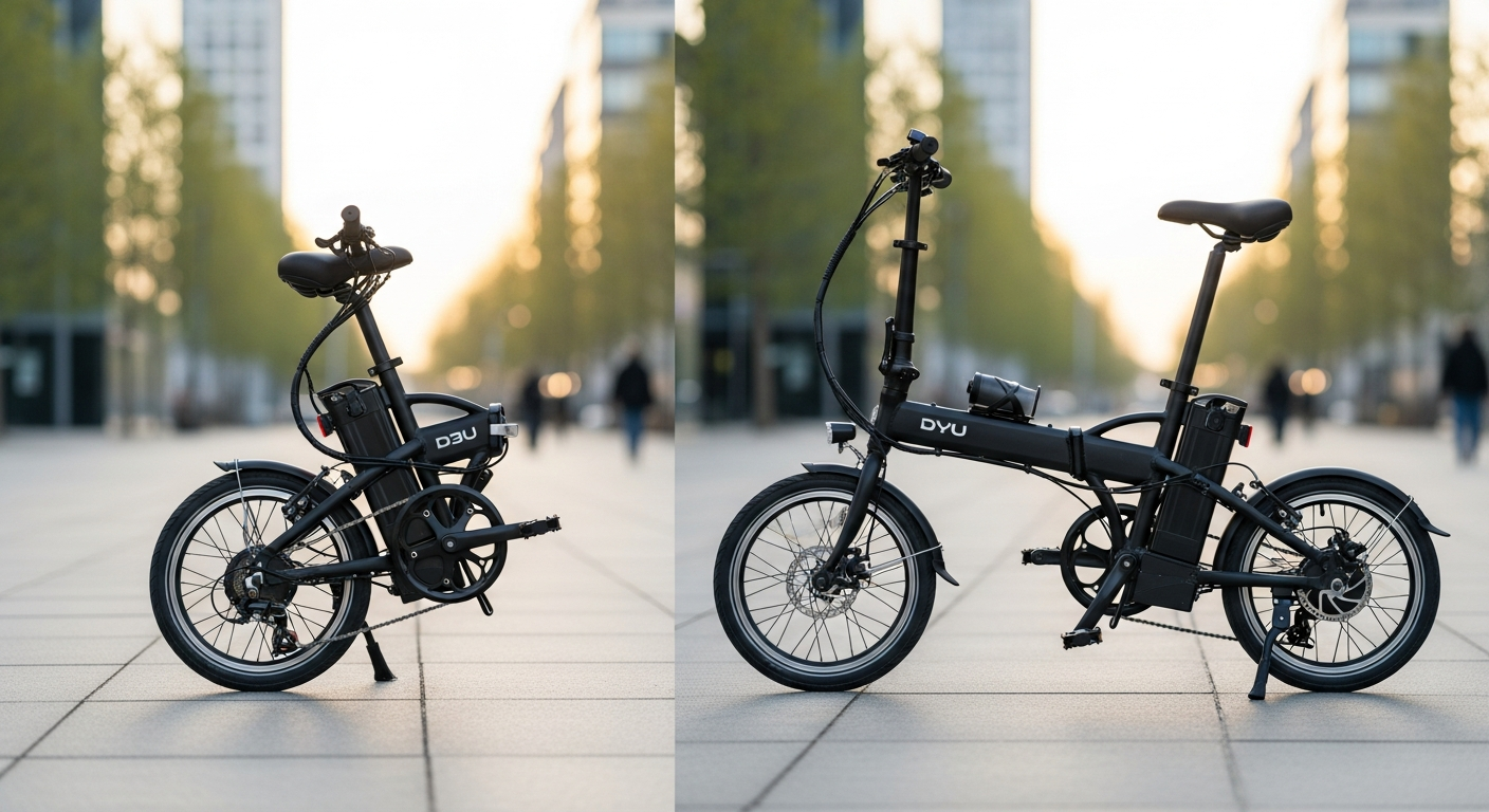 DYU D3F mini folding electric bike displayed in compact folded position